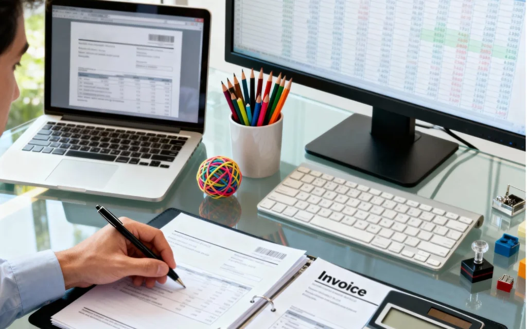 How to handle client no-shows and unpaid invoices 9 Freelancer calculating lost income and invoice costs at a desk.