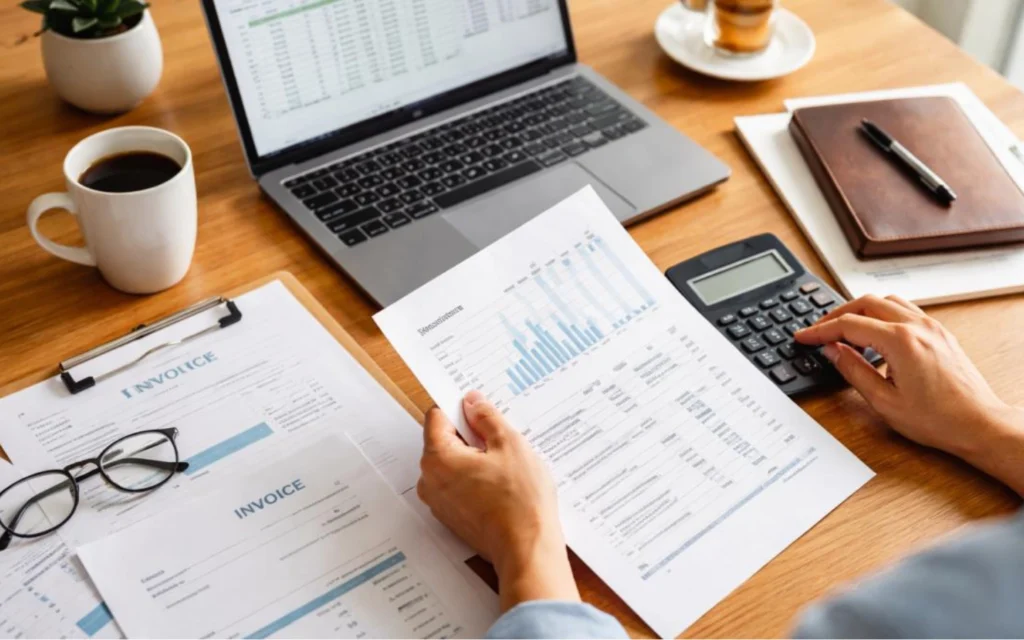 How to handle client no-shows and unpaid invoices 8 Freelancer reviewing an invoice and work records on a laptop.