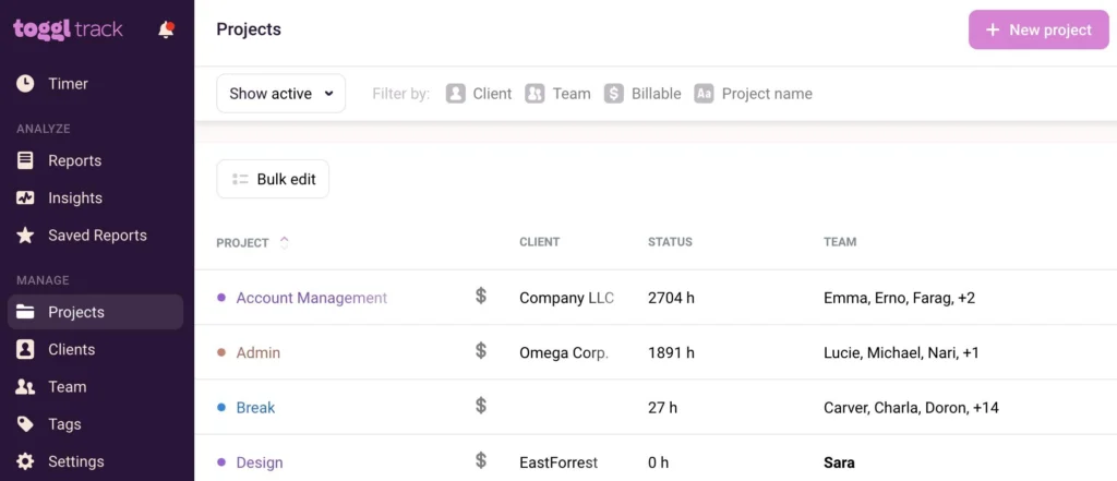 Client and project organization toggle  track review