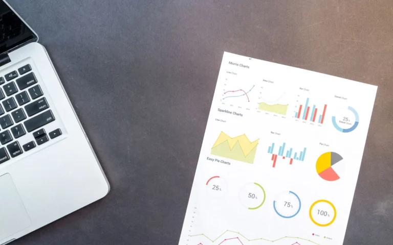 Guides 1 Laptop and charts on a desk illustrating time tracking and work reporting